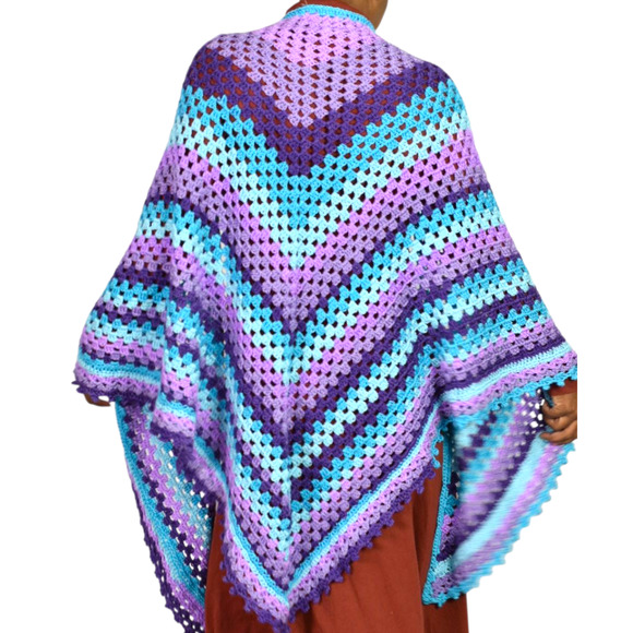 Hand Knit Crochet Shawl Blue Ombre Blanket Wrap Triangle Granny Squares One Size - Picture 2 of 16
